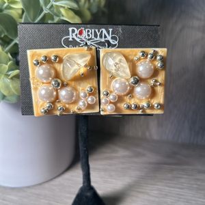 1.5" Square Faux Gemstone and Pearl Fashion Earring Pierced  Artisian Fun